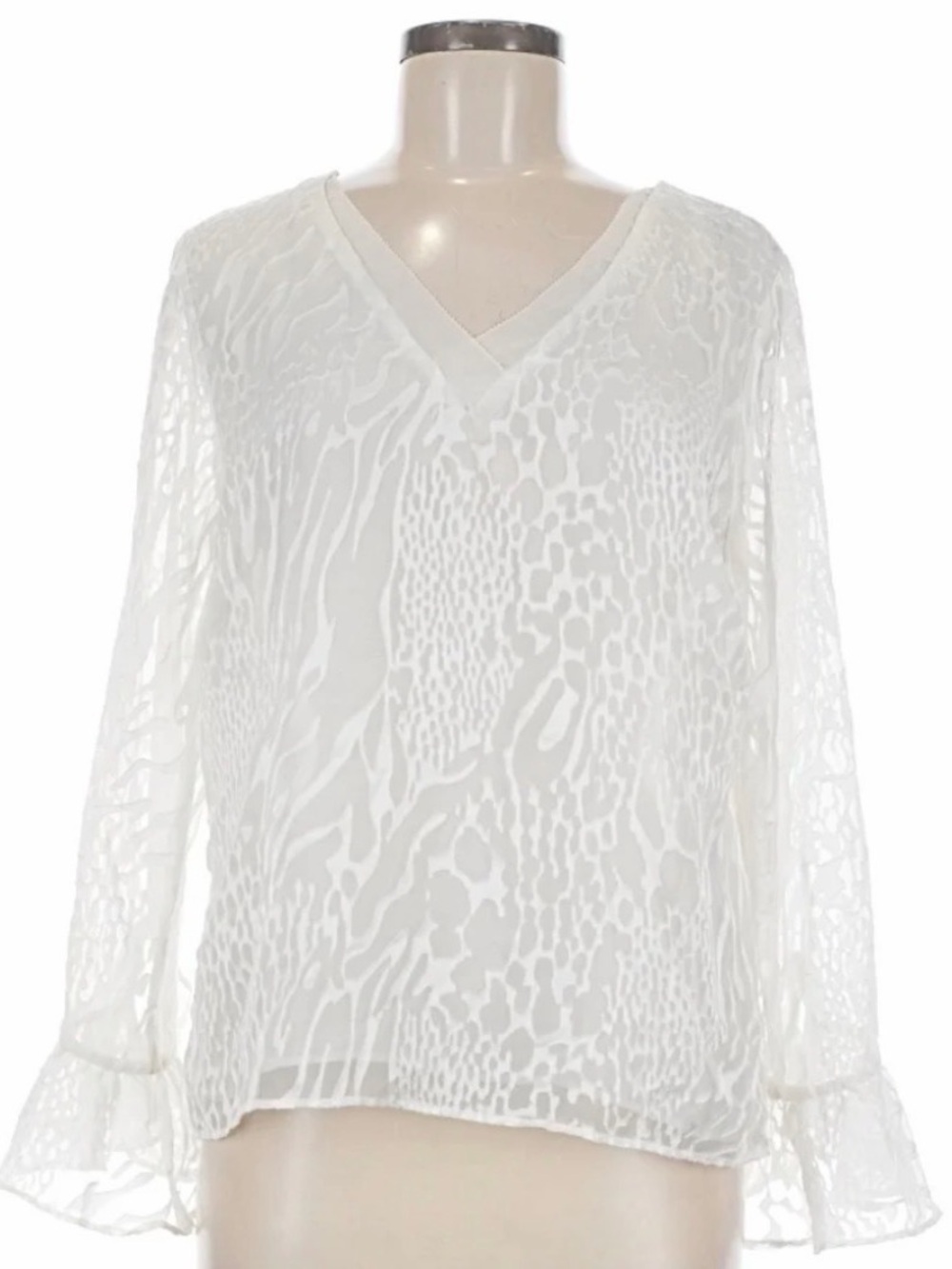 White House Black Market White V-Neck Top Ruffle Sleeves Animal Print Medium